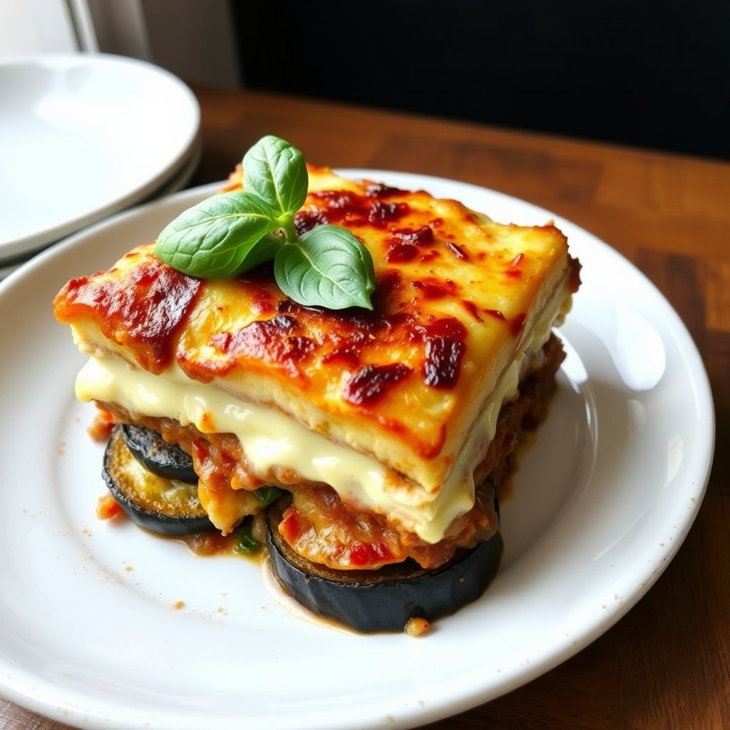 Layered vegan moussaka with roasted eggplants and golden-brown béchamel topping.