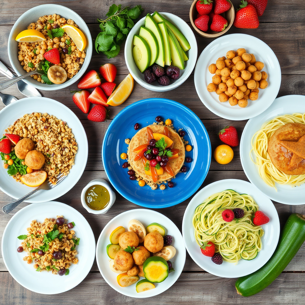 A colorful assortment of gluten-free vegan dishes, including quinoa Buddha bowls, chickpea pancakes, and fresh fruits, styled on a wooden table.