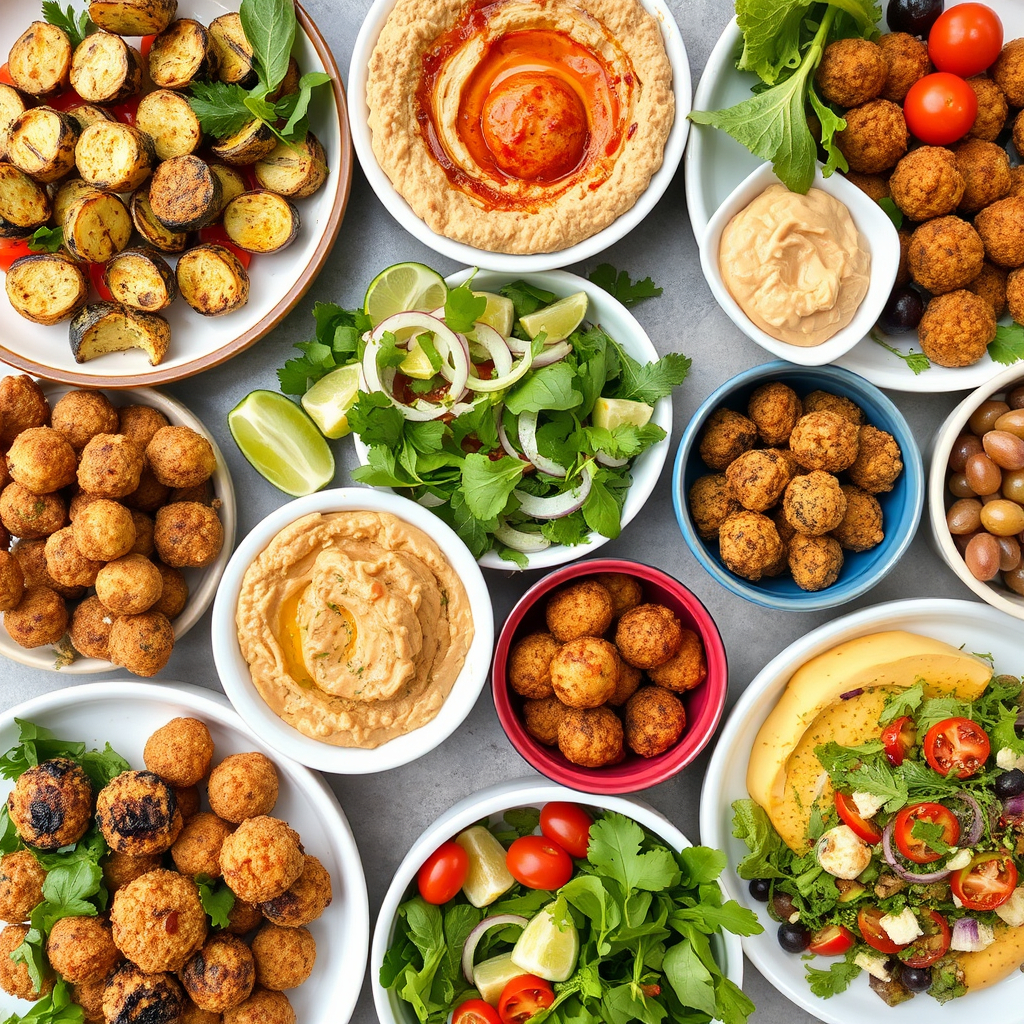 Colorful Vegan Mediterranean dishes including grilled vegetables, hummus, and fresh salads.