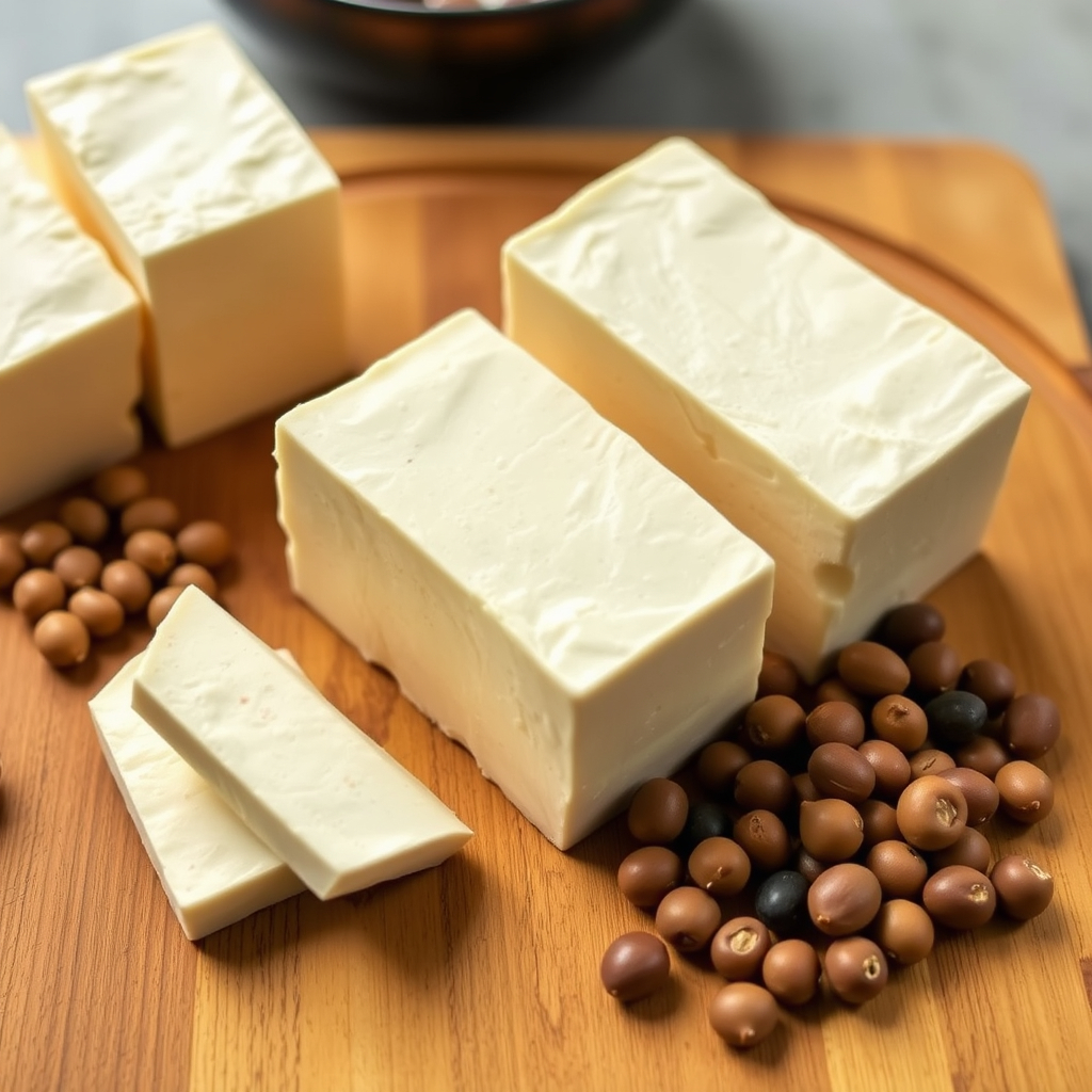 Fresh tofu blocks placed on a wooden cutting board surrounded by soybeans and sprigs of parsley.