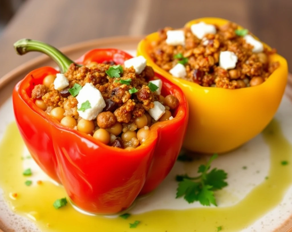 Red and yellow bell peppers stuffed with quinoa, chickpeas, and feta, garnished with parsley.