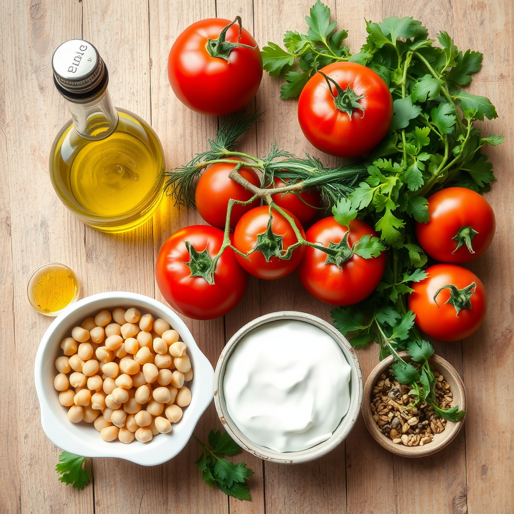 A variety of fresh vegan ingredients including olive oil, tomatoes, chickpeas, and herbs on a rustic table