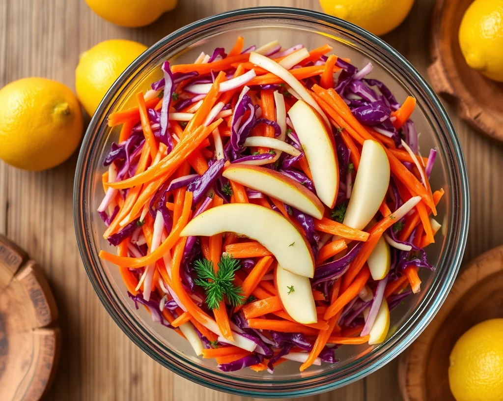 A vibrant vinegar-based slaw featuring shredded red cabbage, carrots, and apples in a clear bowl, garnished with fresh herbs on a rustic table.