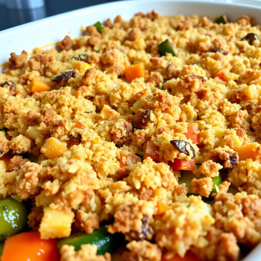 A baked vegan casserole in a ceramic dish, topped with golden breadcrumbs and colorful vegetables, ready to serve.