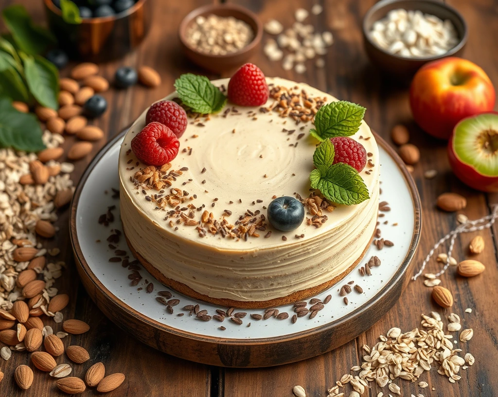 "A stunning vegan cake decorated with fresh berries and surrounded by plant-based ingredients like almonds and oats.