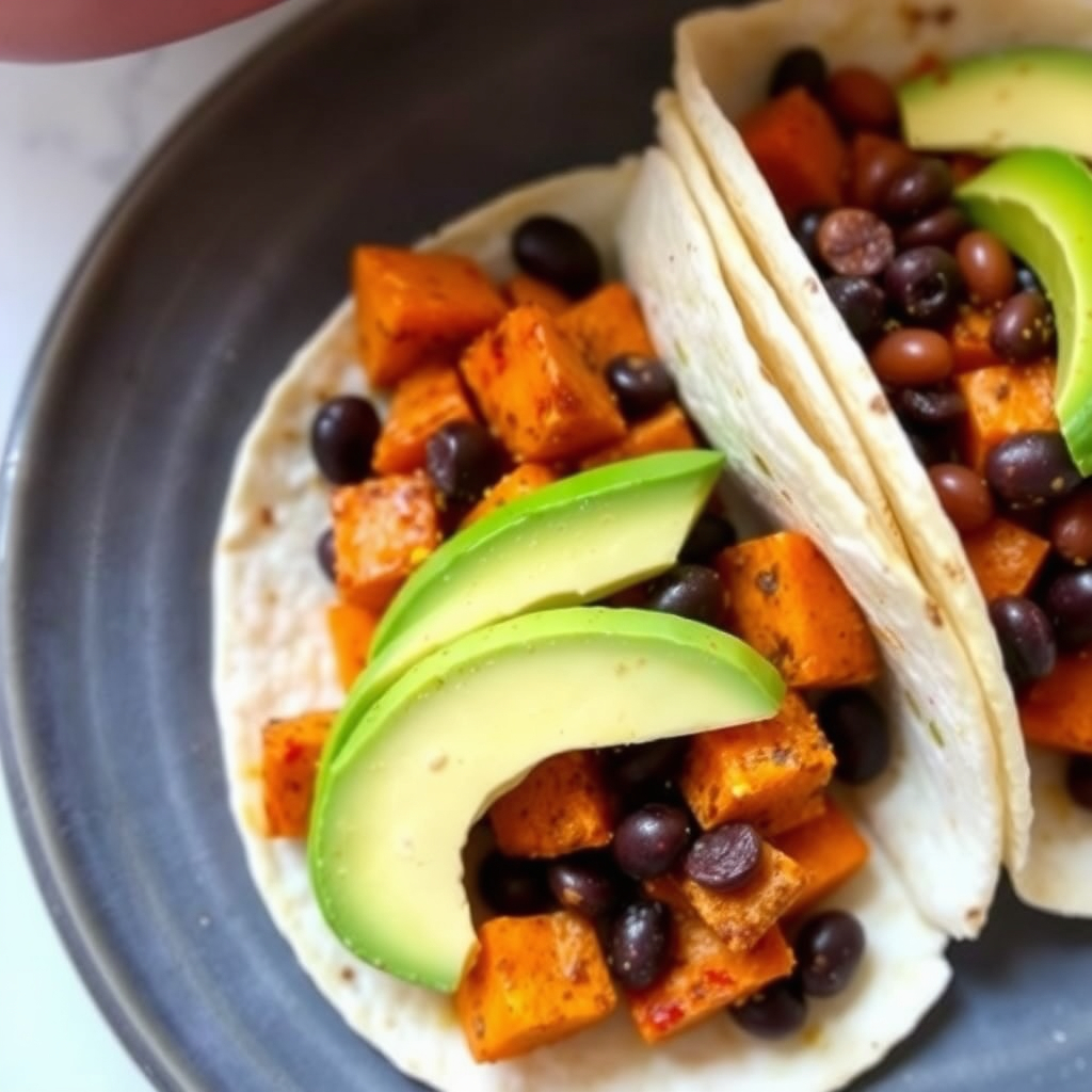 Sweet potato and black bean tacos with avocado slices and cilantro.