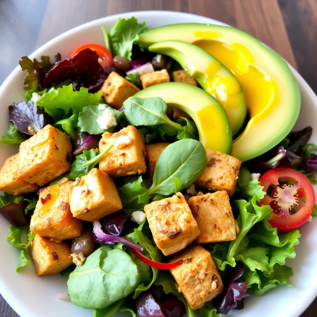 Healthy Mediterranean salad with tofu, avocados, and greens on a white plate.