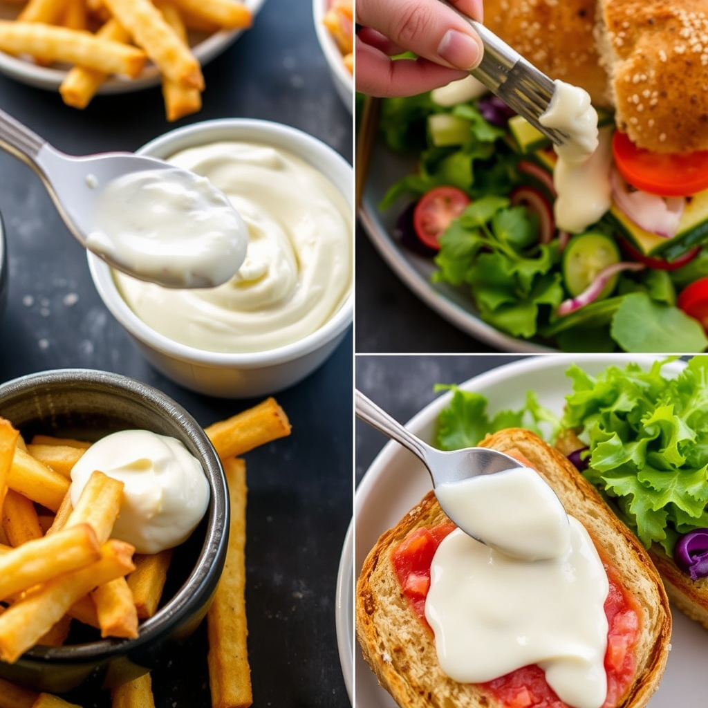 Vegan mayonnaise served as a dip for fries, spread on a sandwich, and as a dressing for a fresh salad on a serving tray.