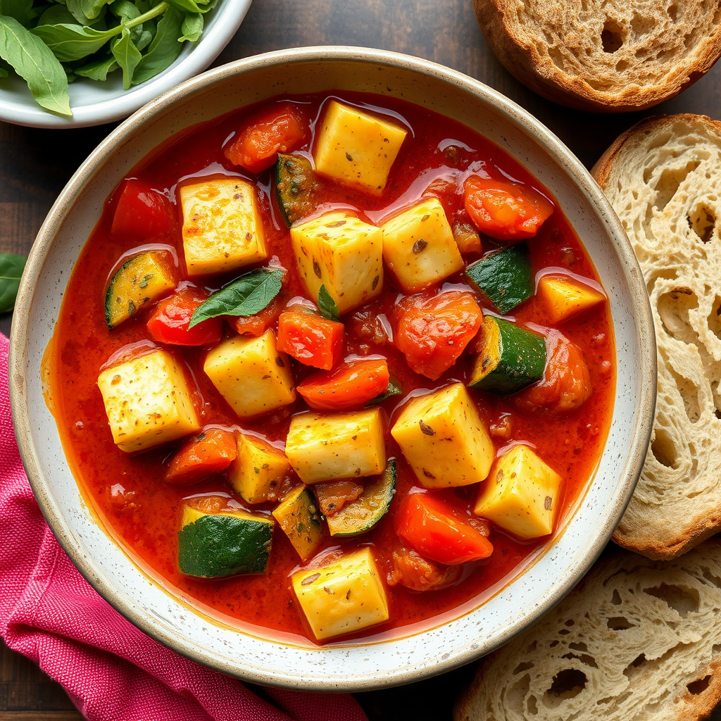 A hearty bowl of tofu and vegetable stew made with tomatoes, zucchini, and Mediterranean spices, served alongside crusty bread.