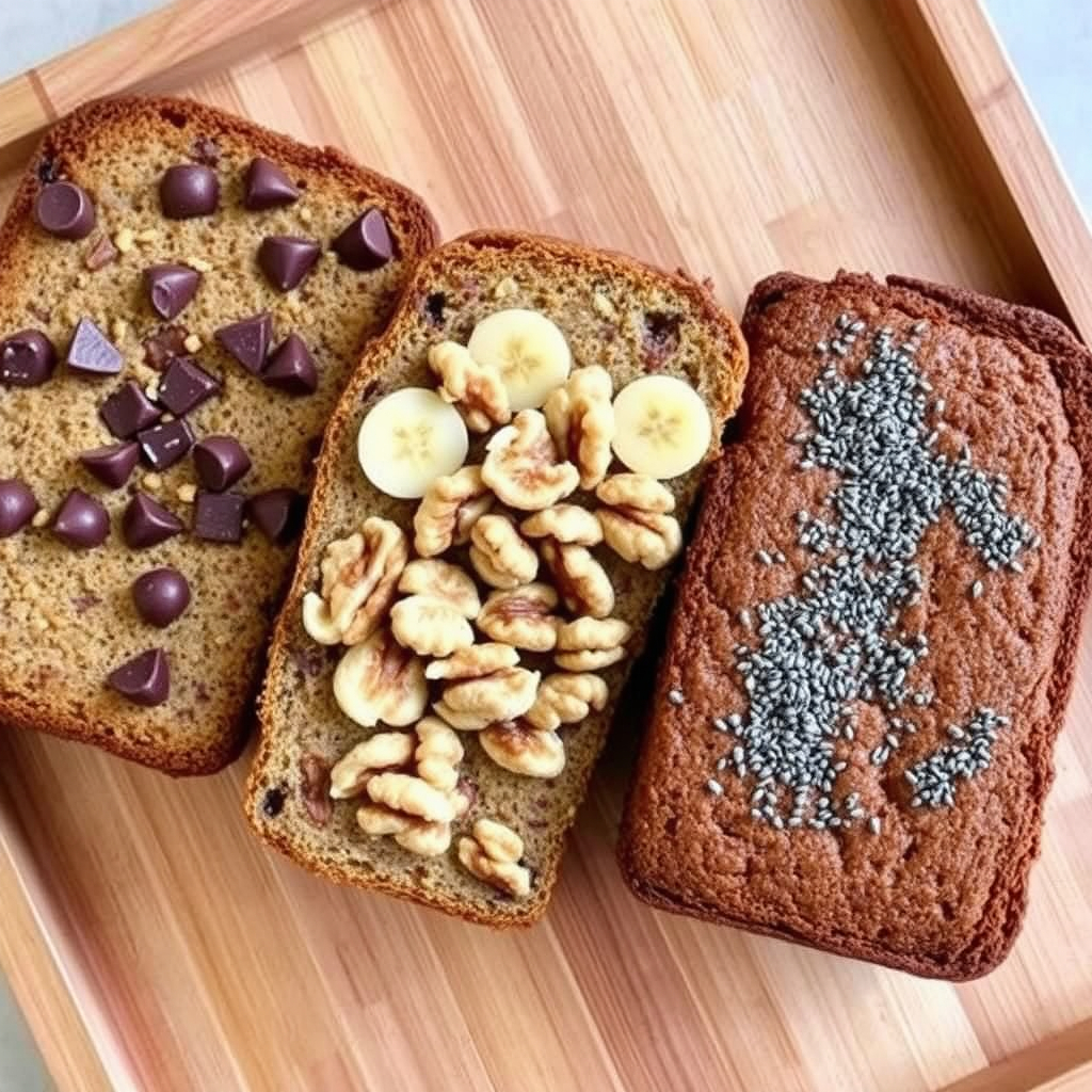 Three variations of vegan banana bread: one with chocolate chips, one with walnuts, and one with chia seeds, arranged on a wooden tray