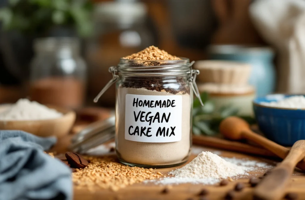 Homemade vegan cake mix in jar with ingredients