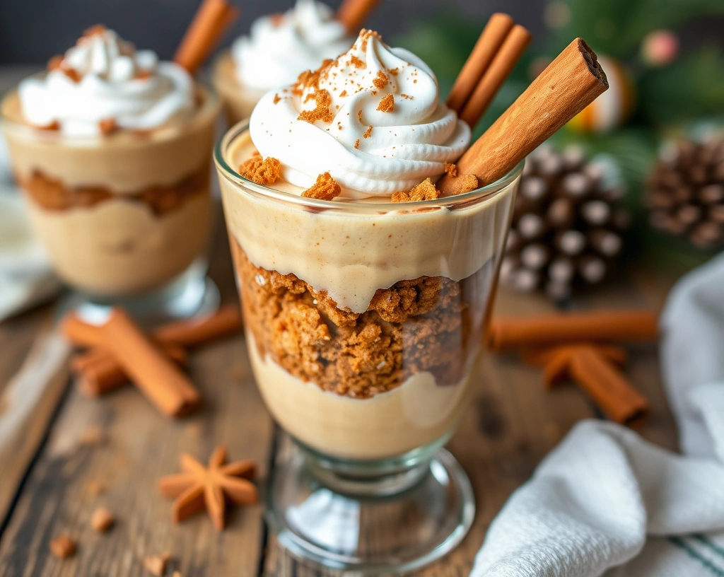 A festive dessert cup featuring layers of pumpkin spice cream, crumbled ginger cookies, and whipped topping garnished with cinnamon sticks on a rustic table."