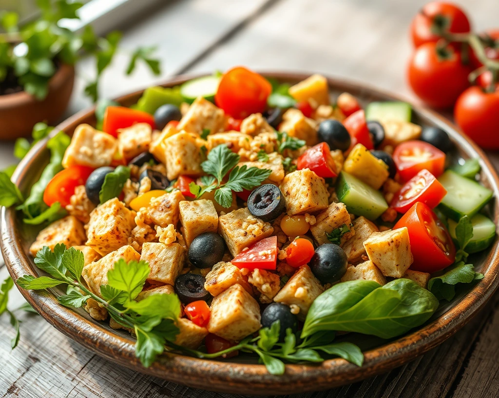 Colorful Mediterranean meal with plant-based meat substitutes like tofu, tempeh, and legumes, showcasing a fresh and healthy Mediterranean dish.