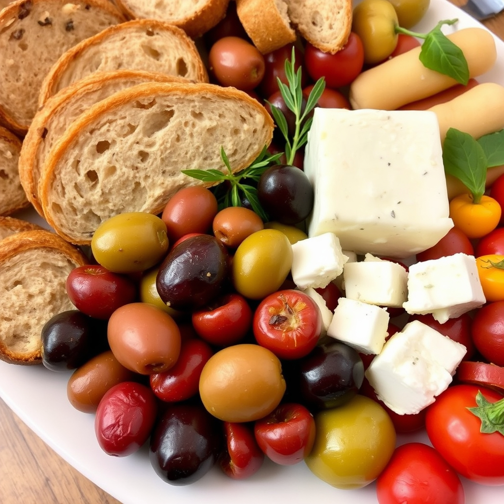 Assorted Mediterranean foods including olives, bread, cheese, and fresh vegetables.