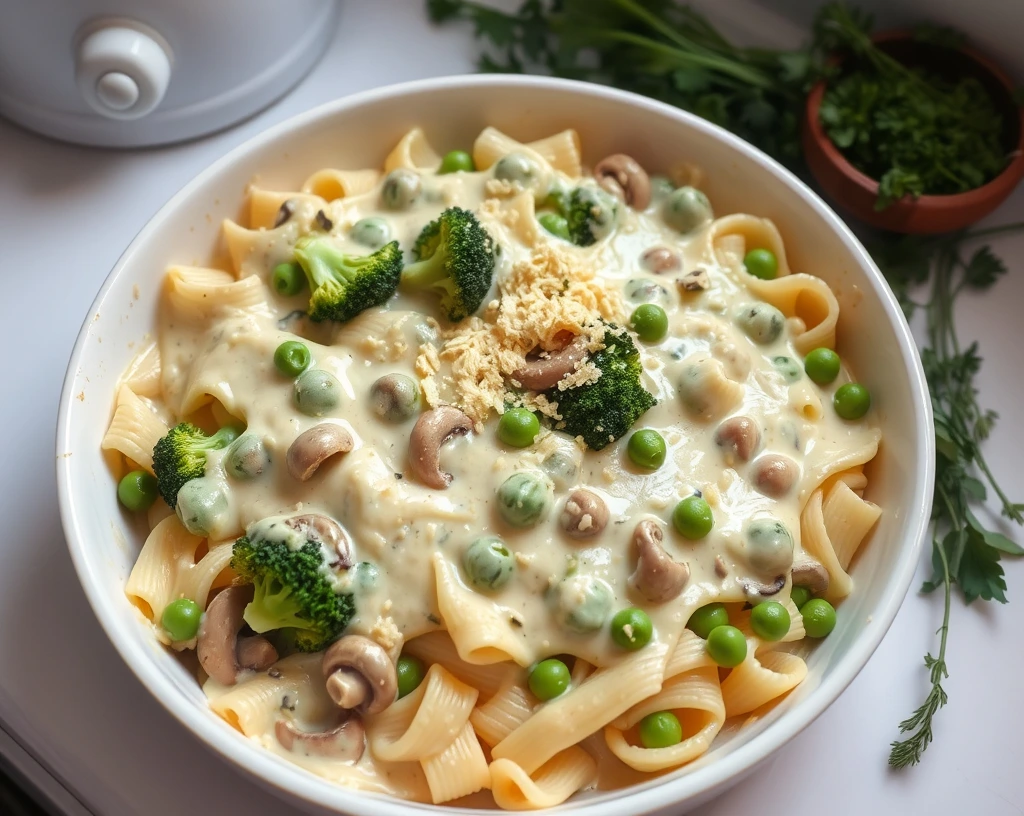 Vegan Alfredo pasta casserole with broccoli, mushrooms, and peas, topped with nutritional yeast in a white baking dish.