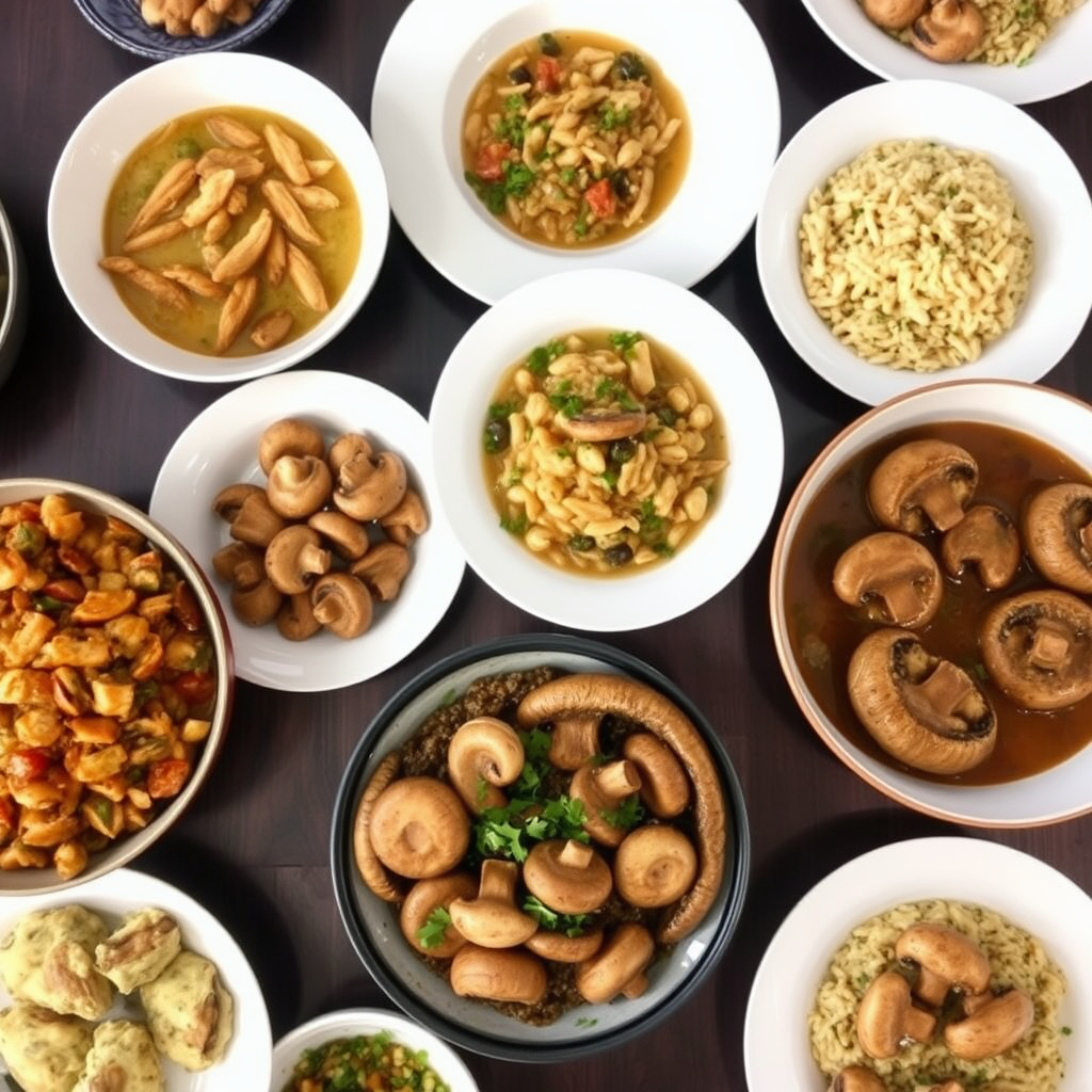 Assortment of vegan mushroom dishes displayed on a dining table