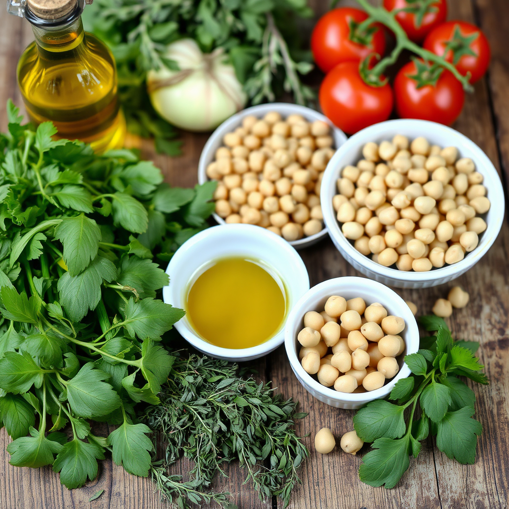 A variety of fresh vegan ingredients including olive oil, tomatoes, chickpeas, and herbs on a rustic table