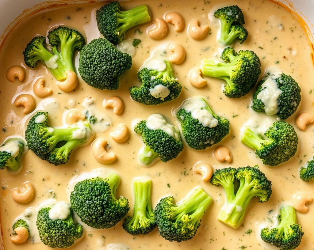 Vegan broccoli and cheese bake with a creamy plant-based sauce.