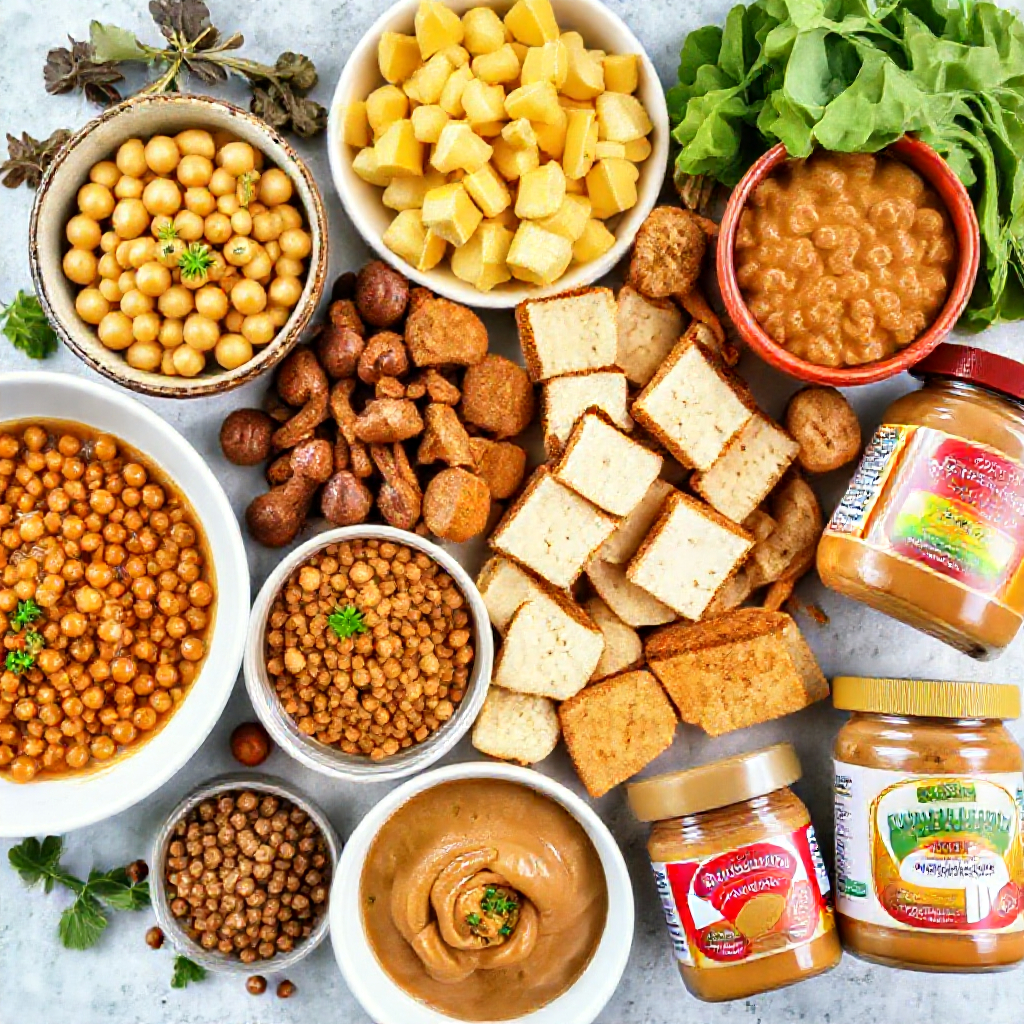 A variety of plant-based protein sources, such as chickpeas, tofu, lentils, and nuts, displayed on a wooden table.