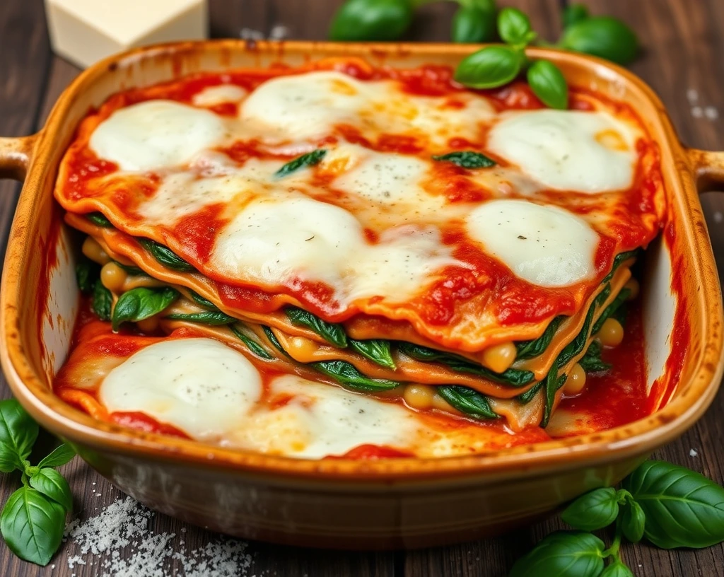 Vegetarian lasagna casserole with layers of marinara sauce, creamy ricotta, spinach, and melted mozzarella cheese in a ceramic dish.