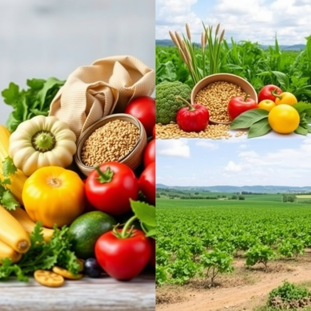 A split image showing fresh fruits and grains on one side and a lush green farm on the other, highlighting health and sustainability.