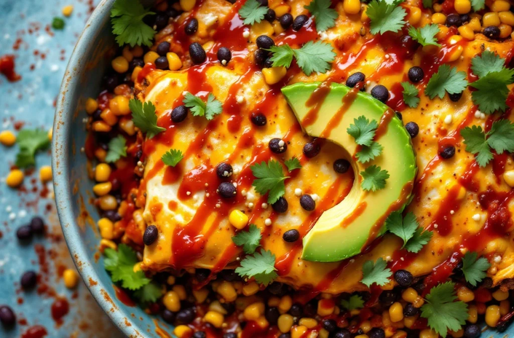 Vegan Mexican enchilada casserole with black beans and avocado