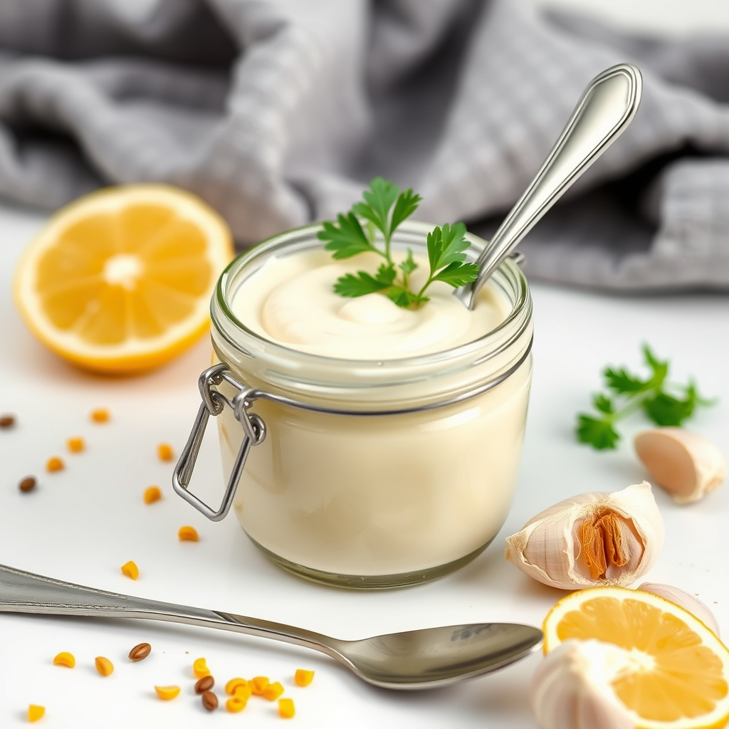 Close-up of a jar filled with creamy no dairy mayo, garnished with parsley, with lemon slices, mustard seeds, and garlic cloves nearby.