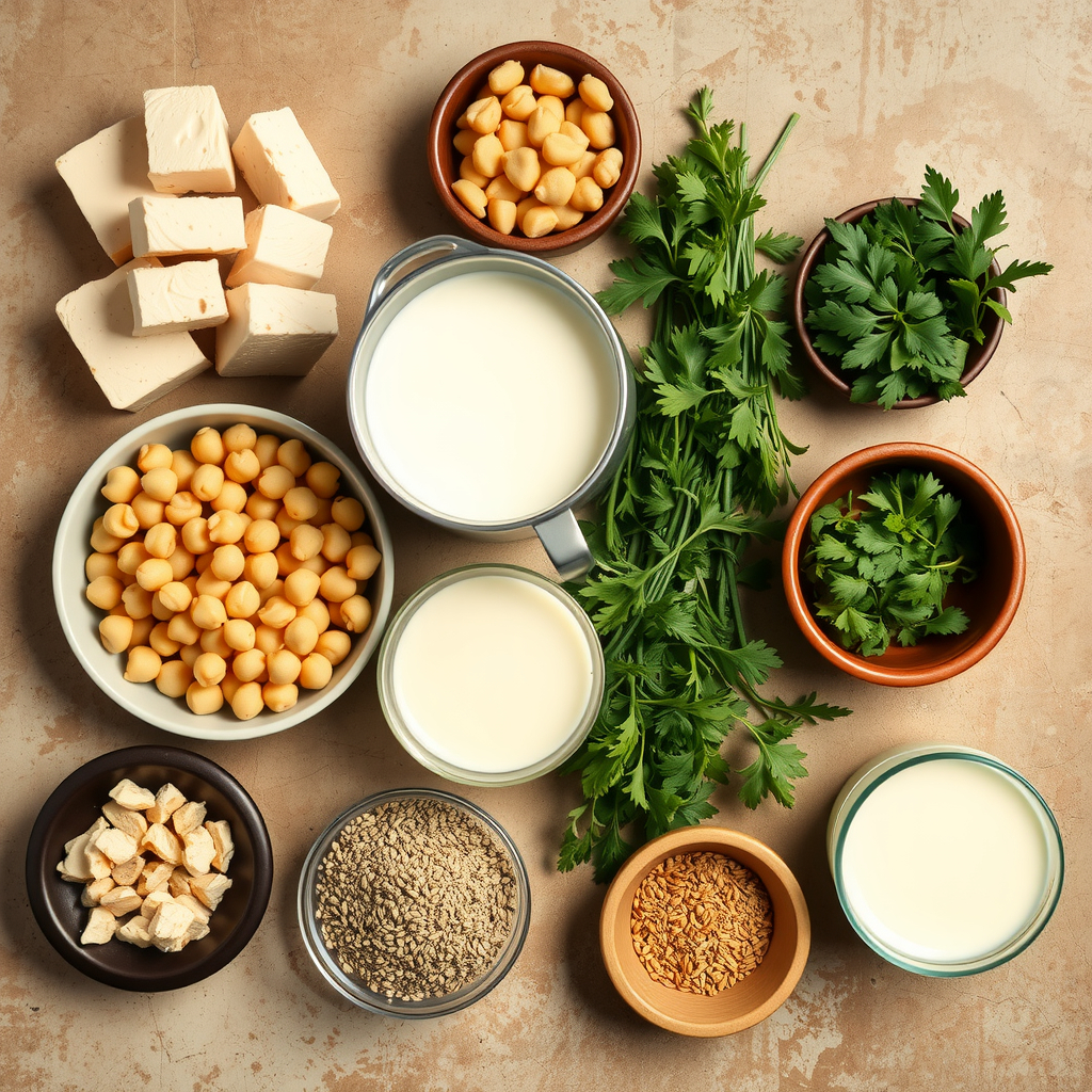 A top view of vegan cooking essentials, including tofu, chickpeas, plant-based milk, flaxseeds, and fresh herbs, on a rustic counter.

