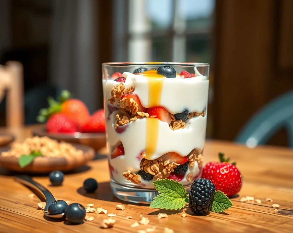 A Greek yogurt parfait in a clear glass, layered with crunchy granola, fresh colorful berries, and a drizzle of honey on a wooden table.