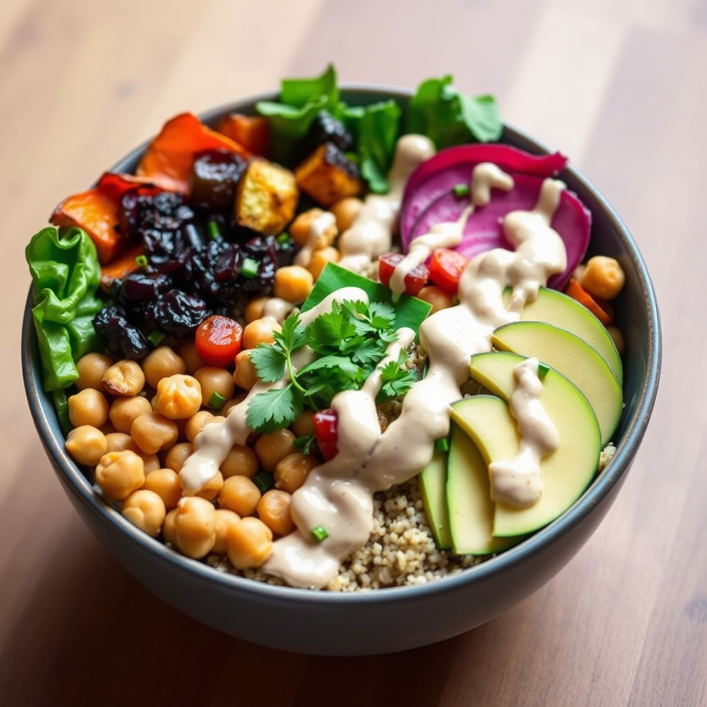 Quinoa Buddha bowl with roasted veggies, chickpeas, and tahini sauce.