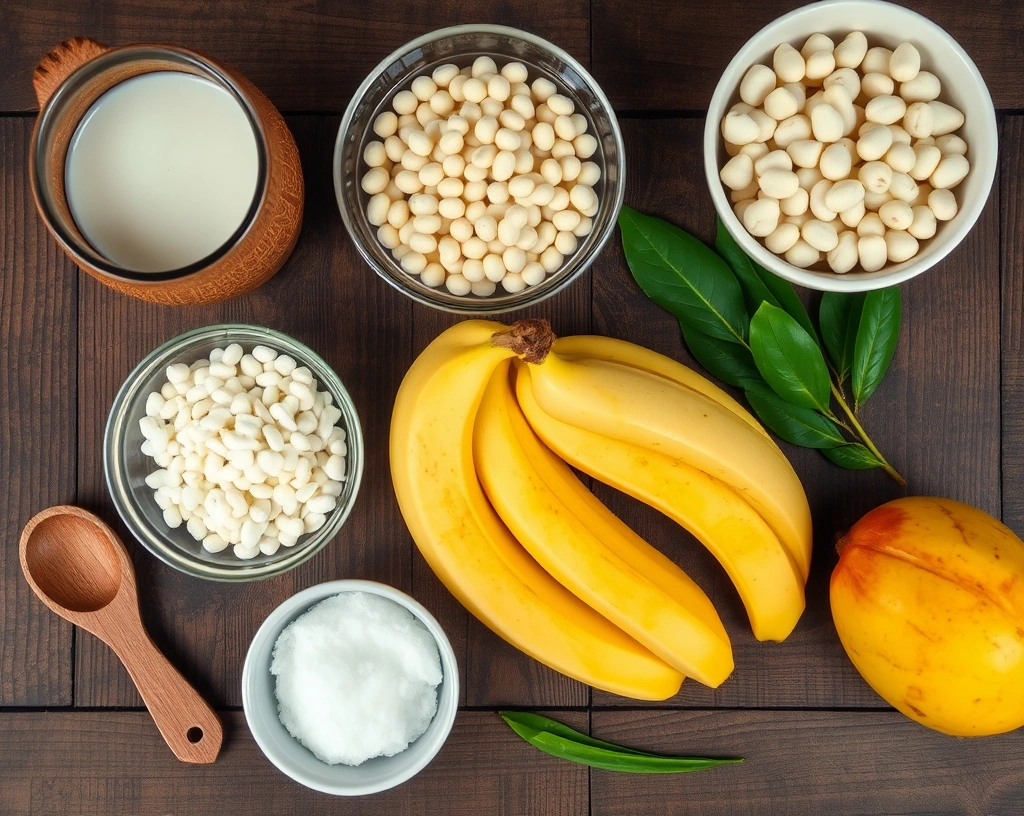 A top-down view of vegan Vietnamese sweet soup ingredients: coconut milk, mung beans, tapioca pearls, sliced bananas, palm sugar, and fresh mangoes arranged on a wooden table with a traditional Vietnamese style.