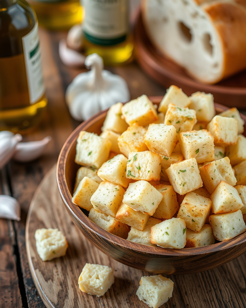 Homemade vegan croutons on a baking sheet lined with parchment paper, sprinkled with nutritional yeast and herbs, with a hand holding a whisk nearby for seasoning.