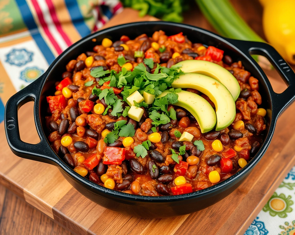 Spicy vegan Mexican bean casserole with black beans, corn, tomatoes, and avocado slices, served in a black cast-iron dish on a wooden cutting board.