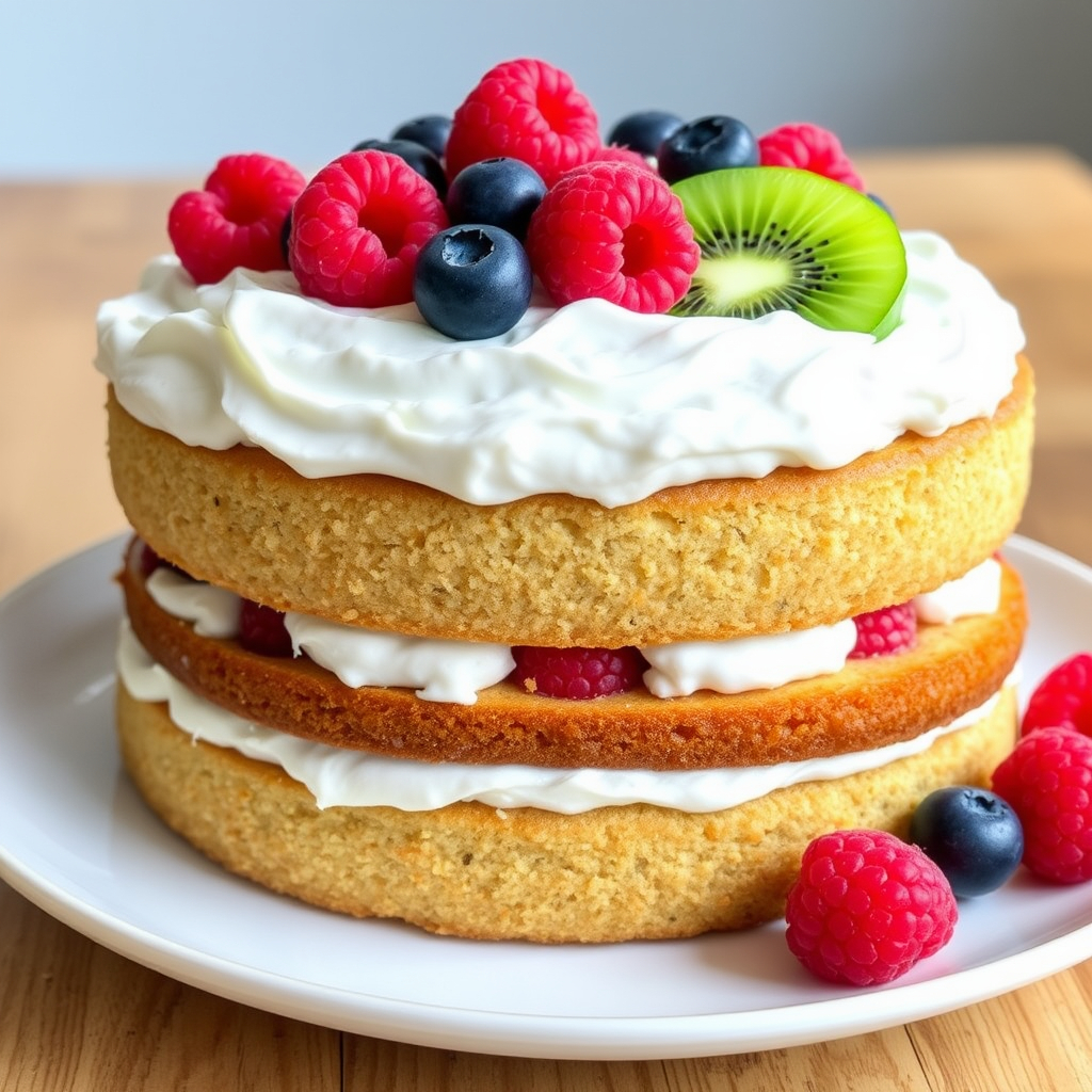 A gluten-free and vegan layered cake topped with coconut whipped cream and garnished with fresh fruit like kiwi and raspberries.