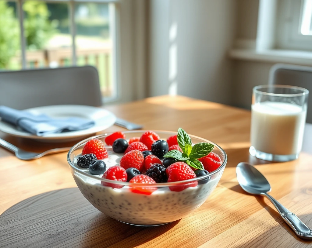 Chia pudding topped with fresh berries and mint leaves, served with almond milk on a wooden breakfast table in natural light.