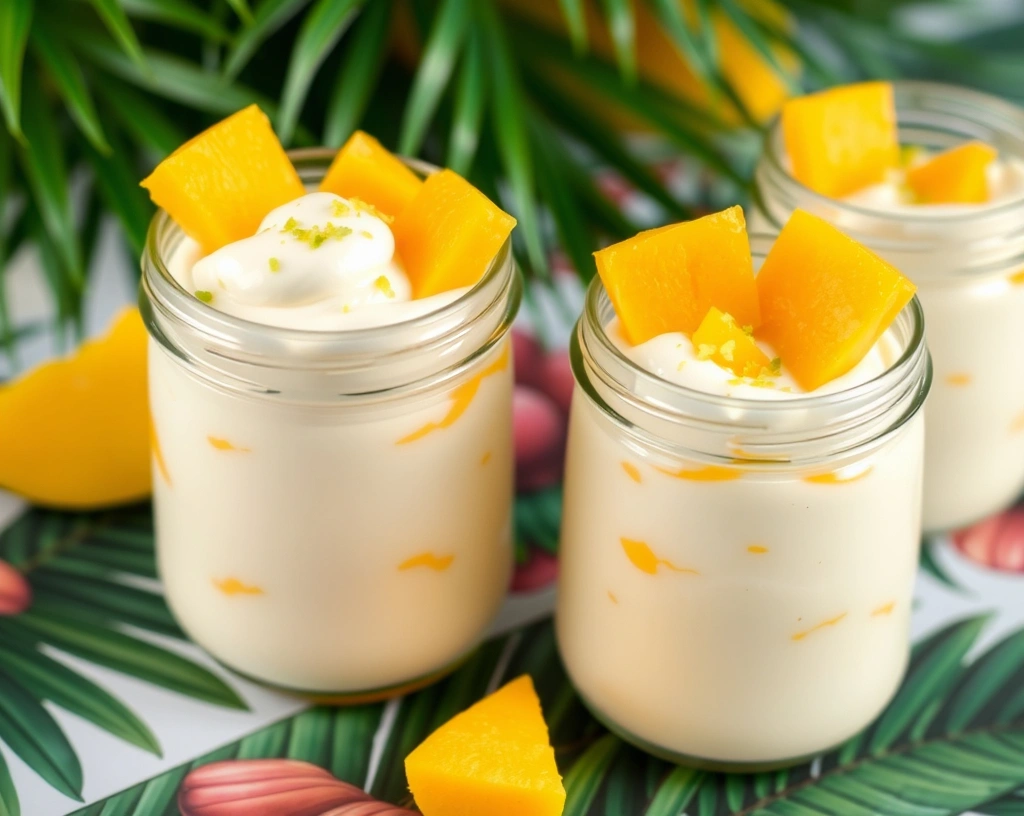 Cottage cheese mango mousse garnished with mango cubes and lime zest.