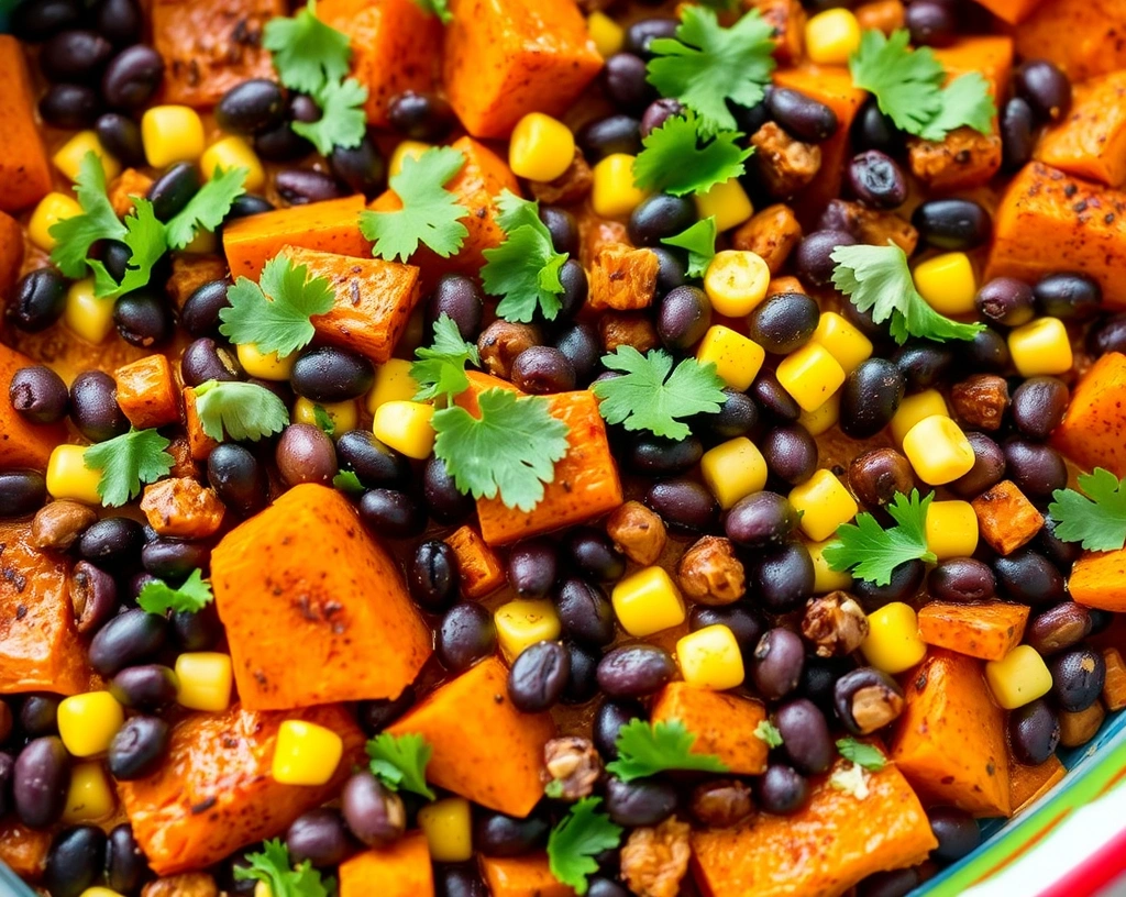 A colorful sweet potato and black bean casserole with roasted sweet potatoes, black beans, corn, and a smoky spice blend, topped with cilantro.