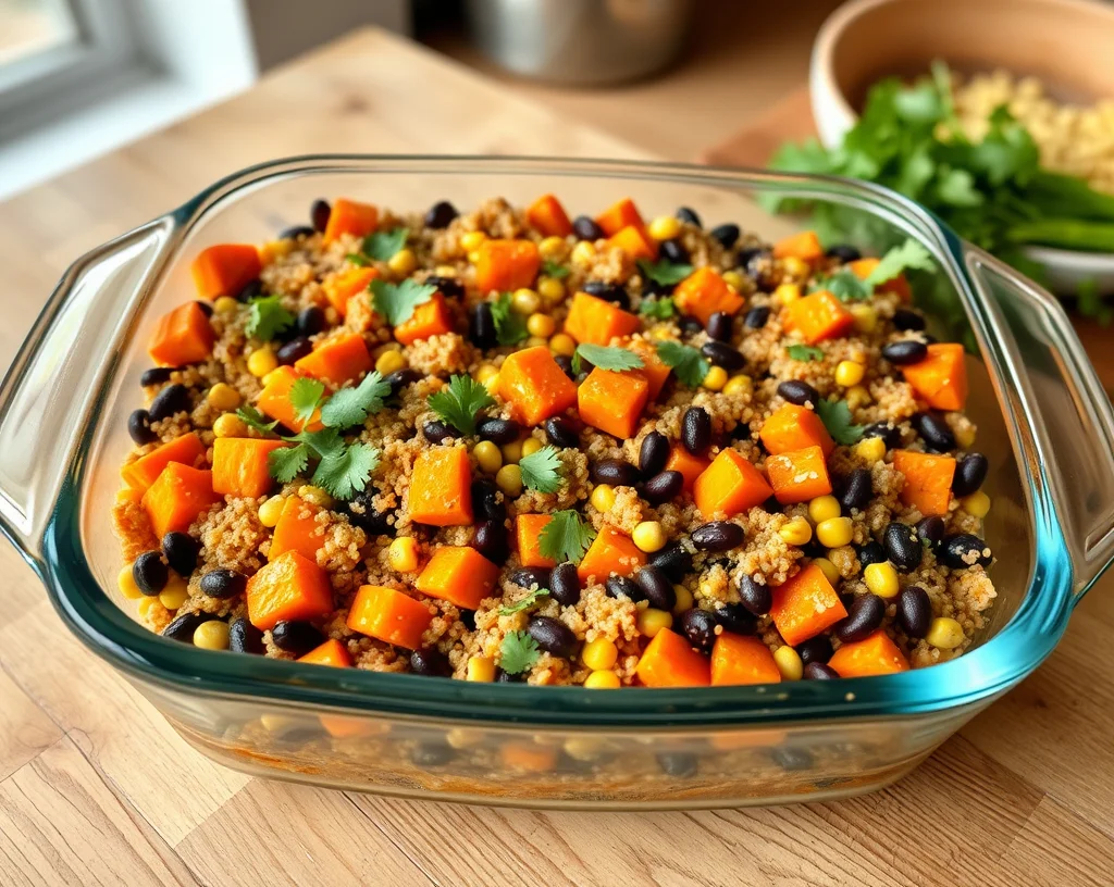 Sweet potato and black bean vegan casserole topped with cilantro in a glass dish.