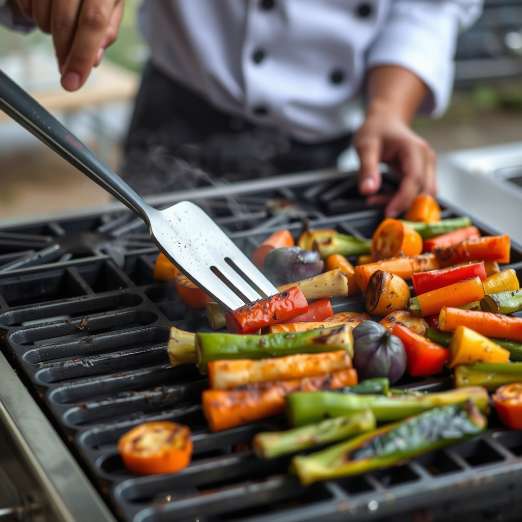 Chef grilling vegetables with smoky char marks on an outdoor grill.