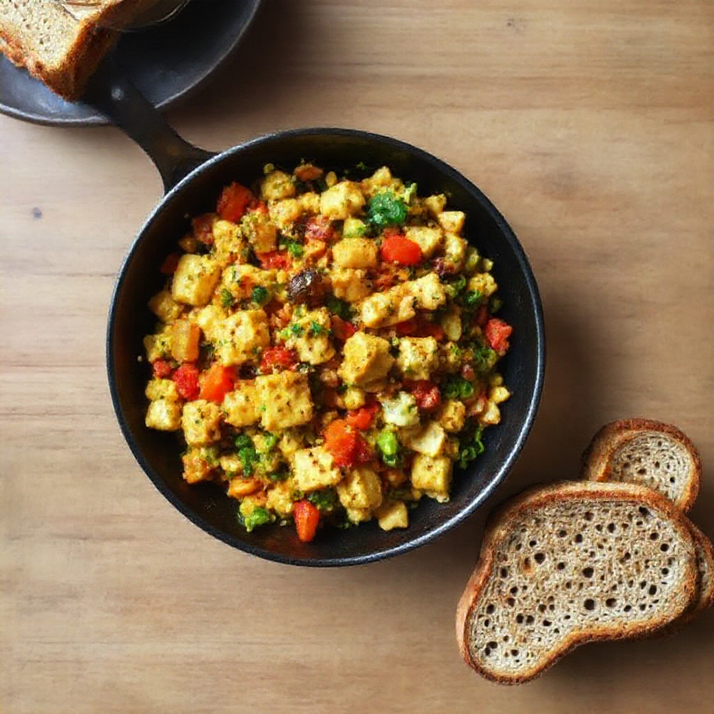 A skillet of tofu scramble mixed with colorful vegetables, served alongside whole-grain toast.