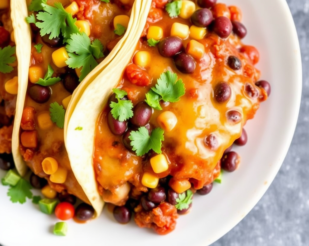 A black bean enchilada casserole with tortillas, beans, corn, melted vegan cheese, and a garnish of fresh cilantro.