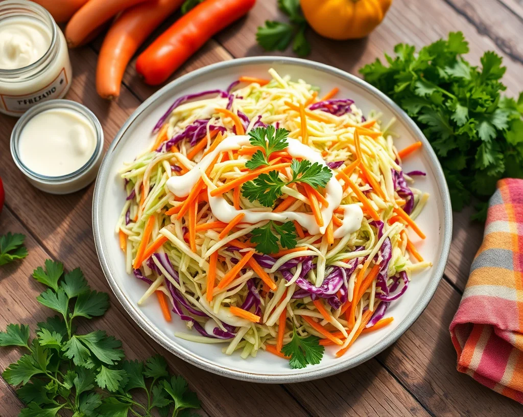 A plate of fresh vegan coleslaw with green and red cabbage, carrots, and creamy dressing on a rustic table.