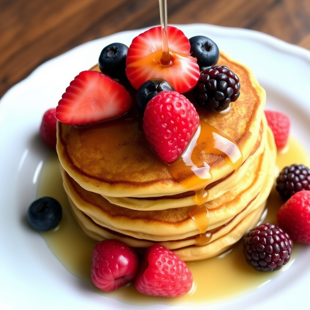 Stack of gluten-free vegan chickpea flour pancakes with fresh berries and maple syrup