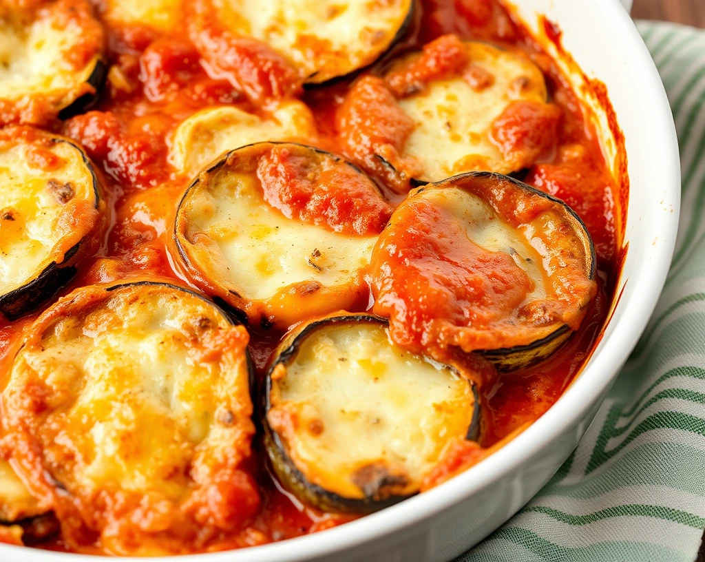 Eggplant parmesan casserole with golden melted cheese and marinara sauce in a baking dish.