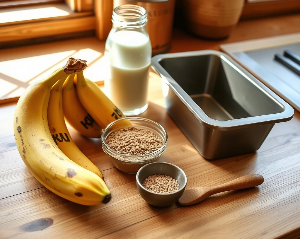 Vegan banana bread ingredients—ripe bananas, flaxseed, and plant-based milk—arranged on a rustic kitchen countertop.