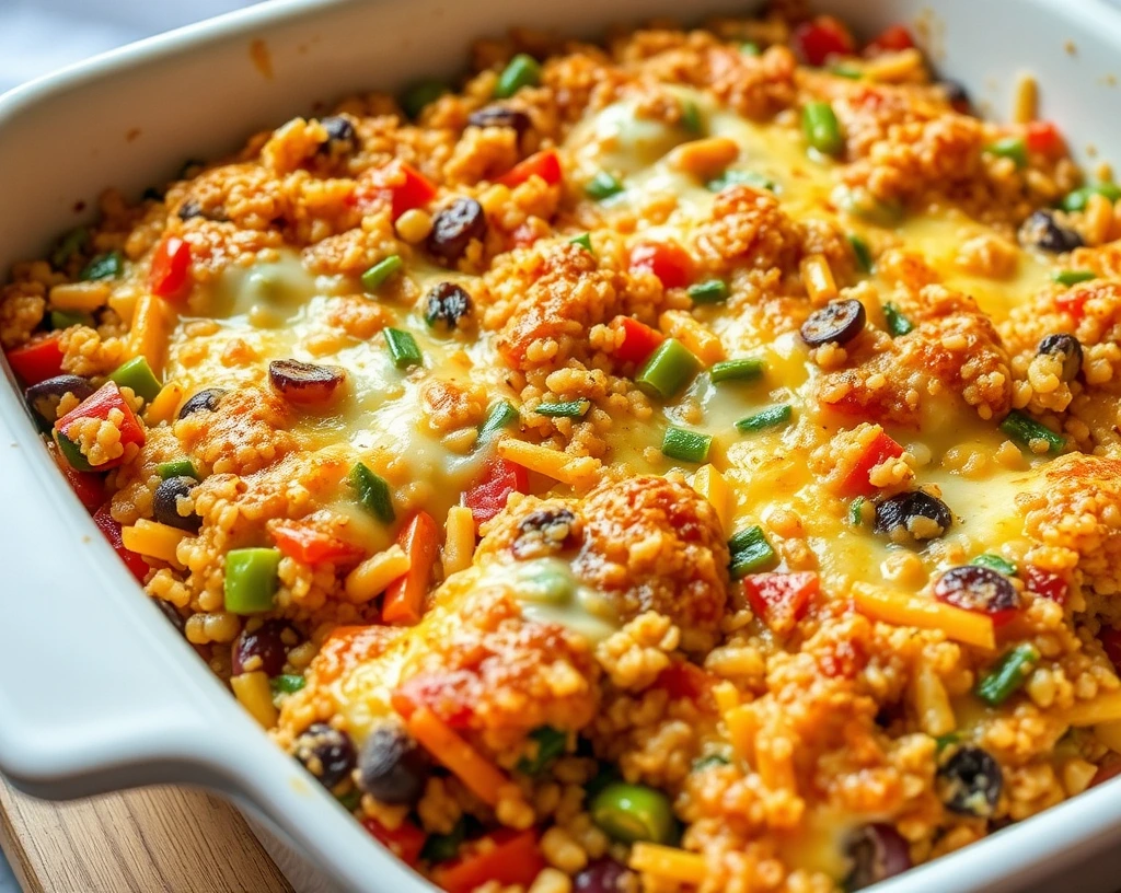 Vegetable and quinoa casserole with a golden cheese crust served in a dish, vibrant and tasty.