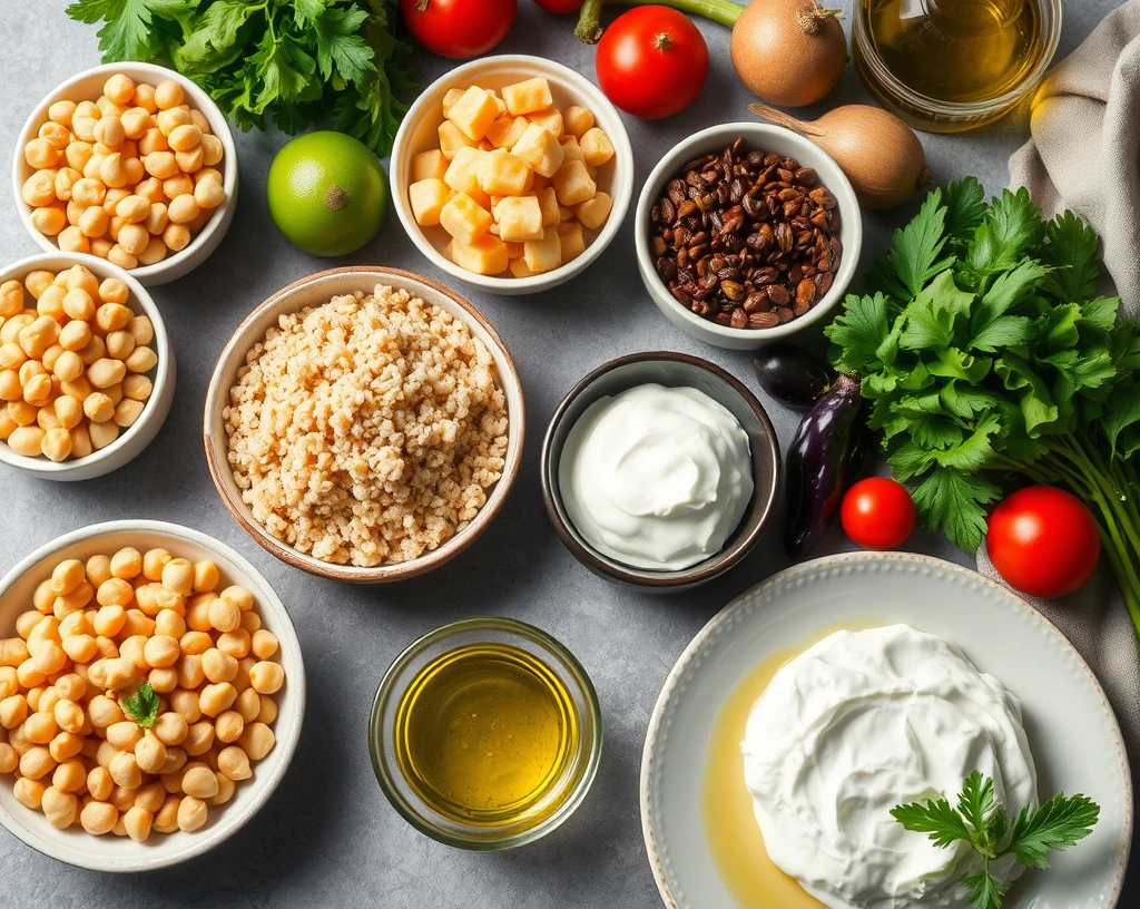 Colorful Mediterranean spread with plant-based protein sources like chickpeas, lentils, quinoa, fresh vegetables, olive oil, and Greek yogurt.