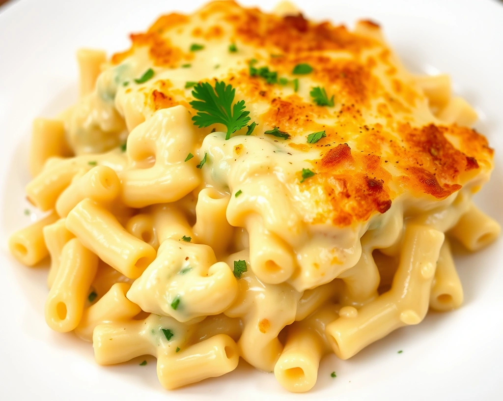 A creamy vegan mac and cheese casserole with pasta, cashew cheese sauce, and a golden, crispy top, garnished with fresh parsley.