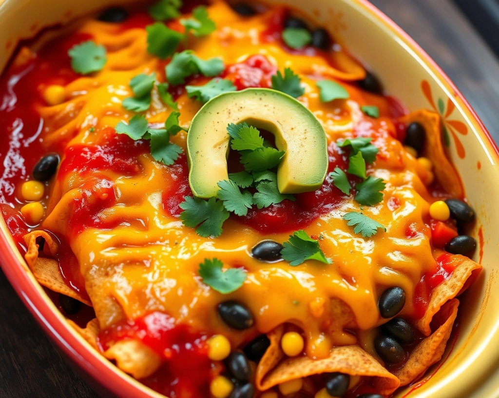 Vegan enchilada casserole with corn tortillas, black beans, vegetables, enchilada sauce, vegan cheese, cilantro, and avocado garnish.