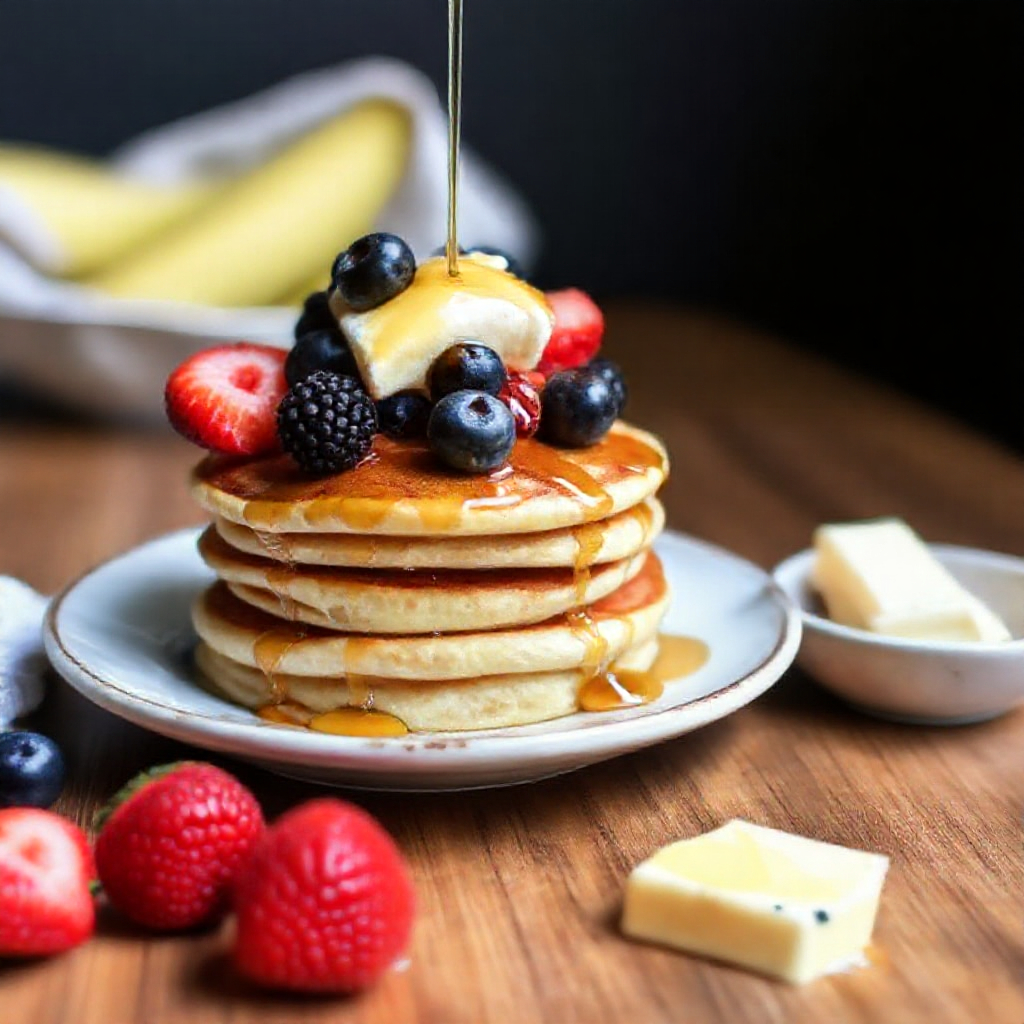 Vegan brunch recipe for fluffy golden pancakes with fresh berries and maple syrup